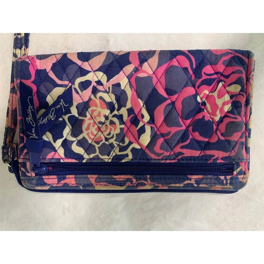 Vera Bradley Quilted Cotton Crossbody Bag Navy Pink Floral Geometric Print#899